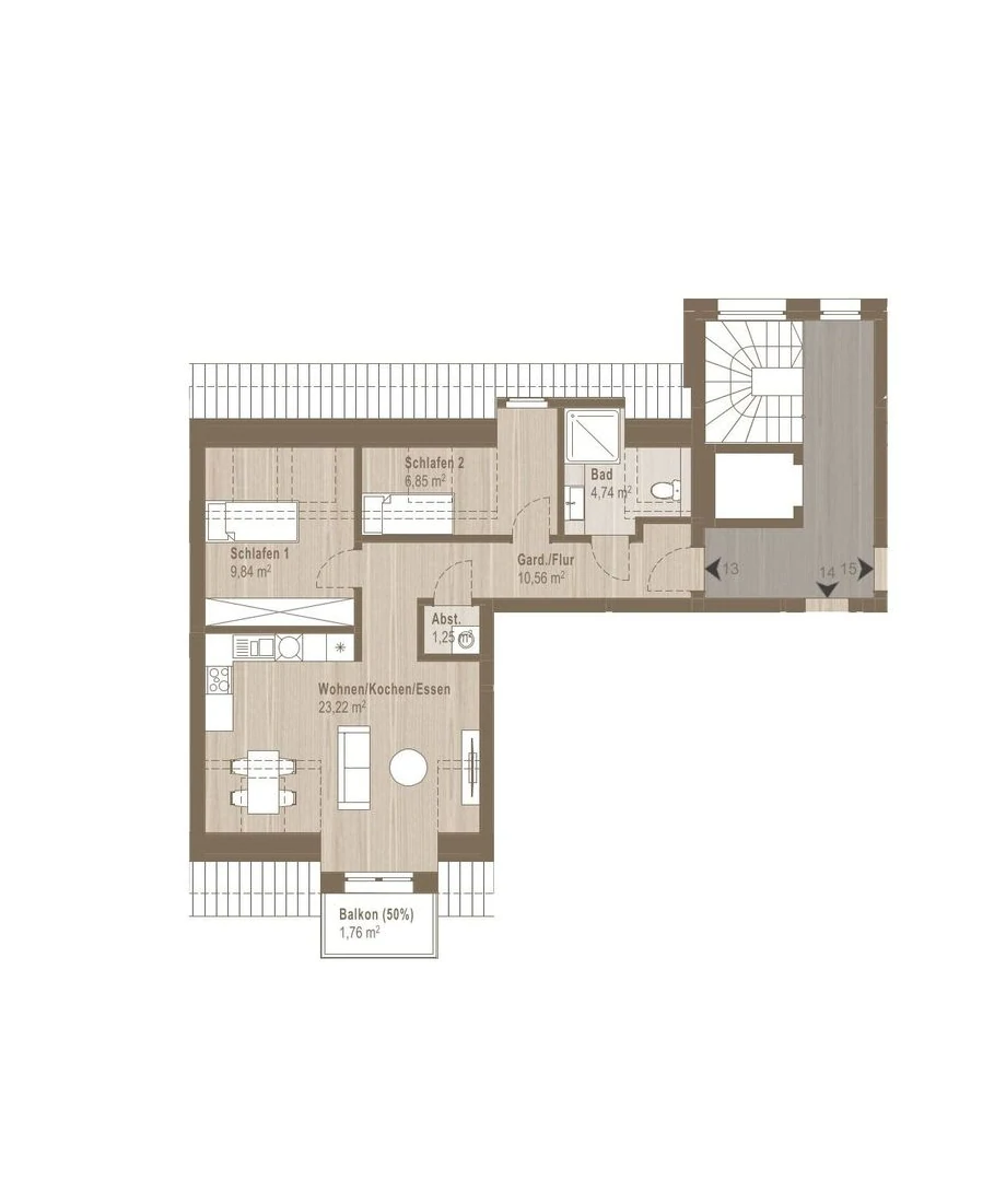 Grundriss der Wohnung 13 im Dachgeschoss mit Raumbezeichnungen und Flächenangaben