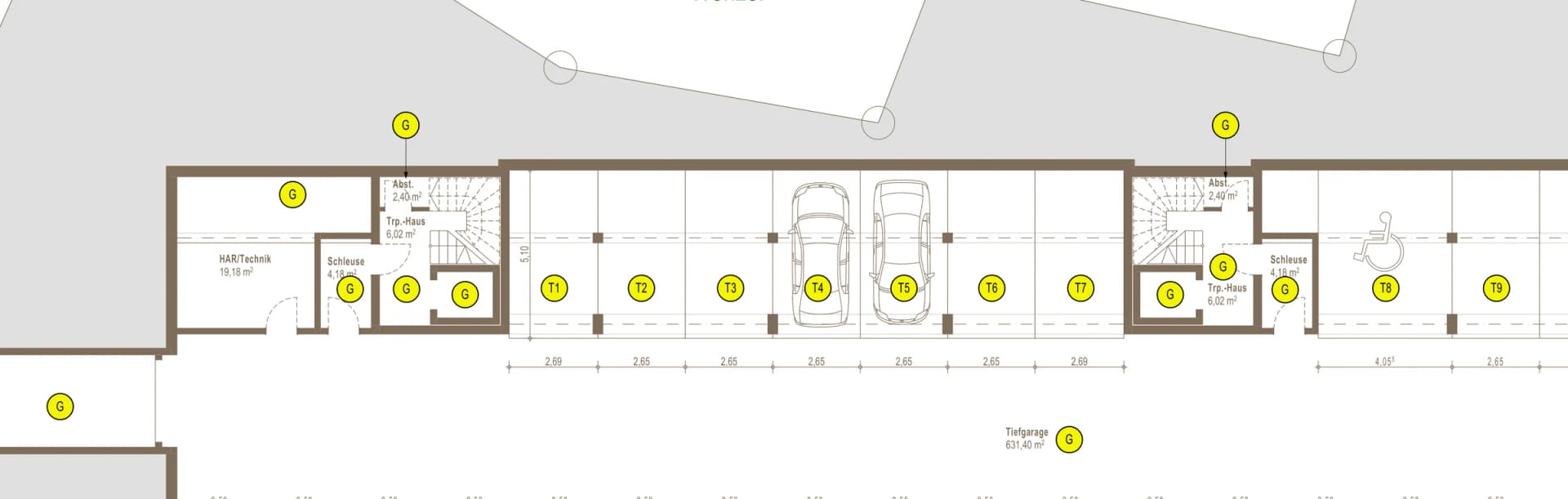 Aufteilungsplan der Tiefgarage mit 27 nummerierten Stellplätzen, Technikraum und zwei Treppenhäusern.