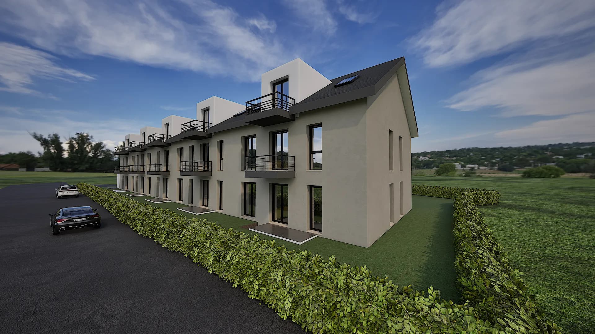 Visualisierung des Mehrfamilienhauses von der südwestlichen Straßenseite, mit dem südöstlichen Giebel im Vordergrund und den Balkonen der Straßenfassade.