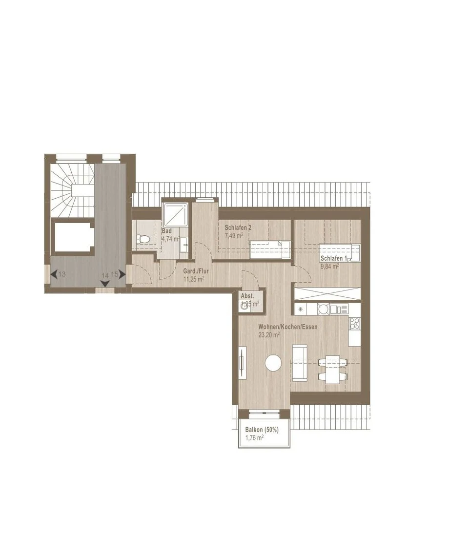 Grundriss der Wohnung 15 im Dachgeschoss mit Raumbezeichnungen und Flächenangaben