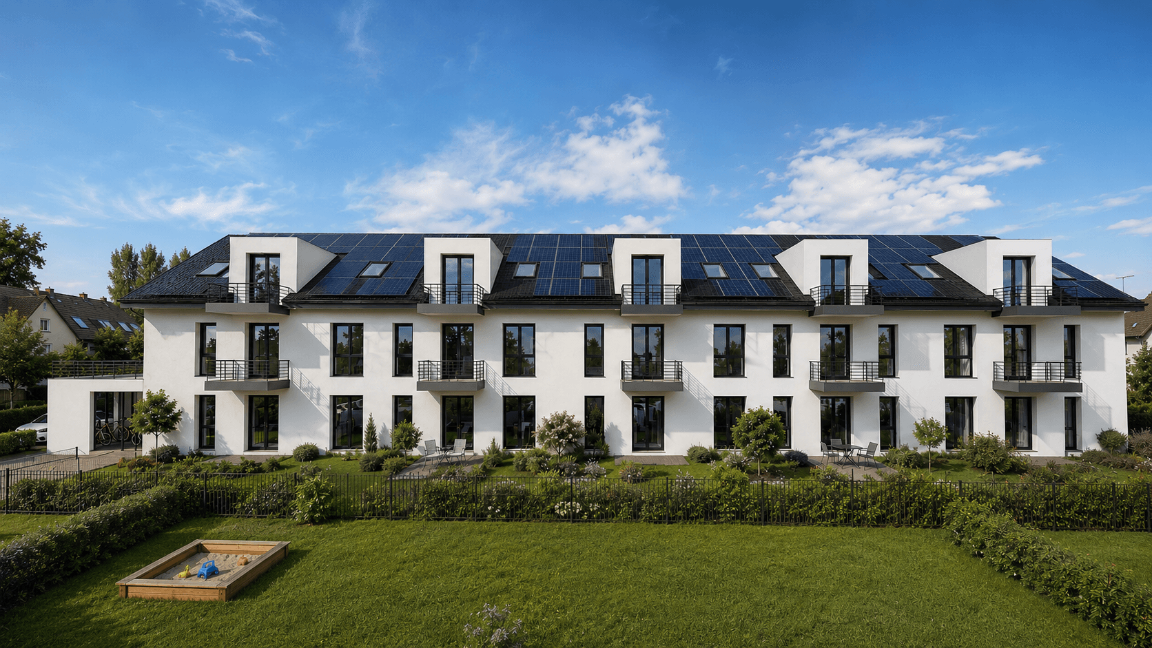 PHILION HOME, An der Brotkuhle 4–6 in Paderborn-Elsen: Gartenseite mit Terrassen, Balkonen und Gauben (Visualisierung)