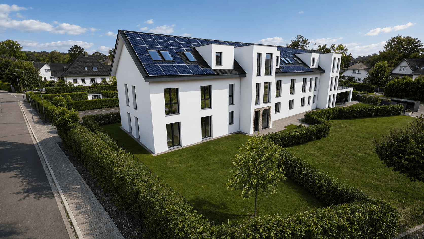 PHILION HOME, An der Brotkuhle 4–6 in Paderborn-Elsen: Giebel und Eingang mit Natursteinverkleidung (Visualisierung)