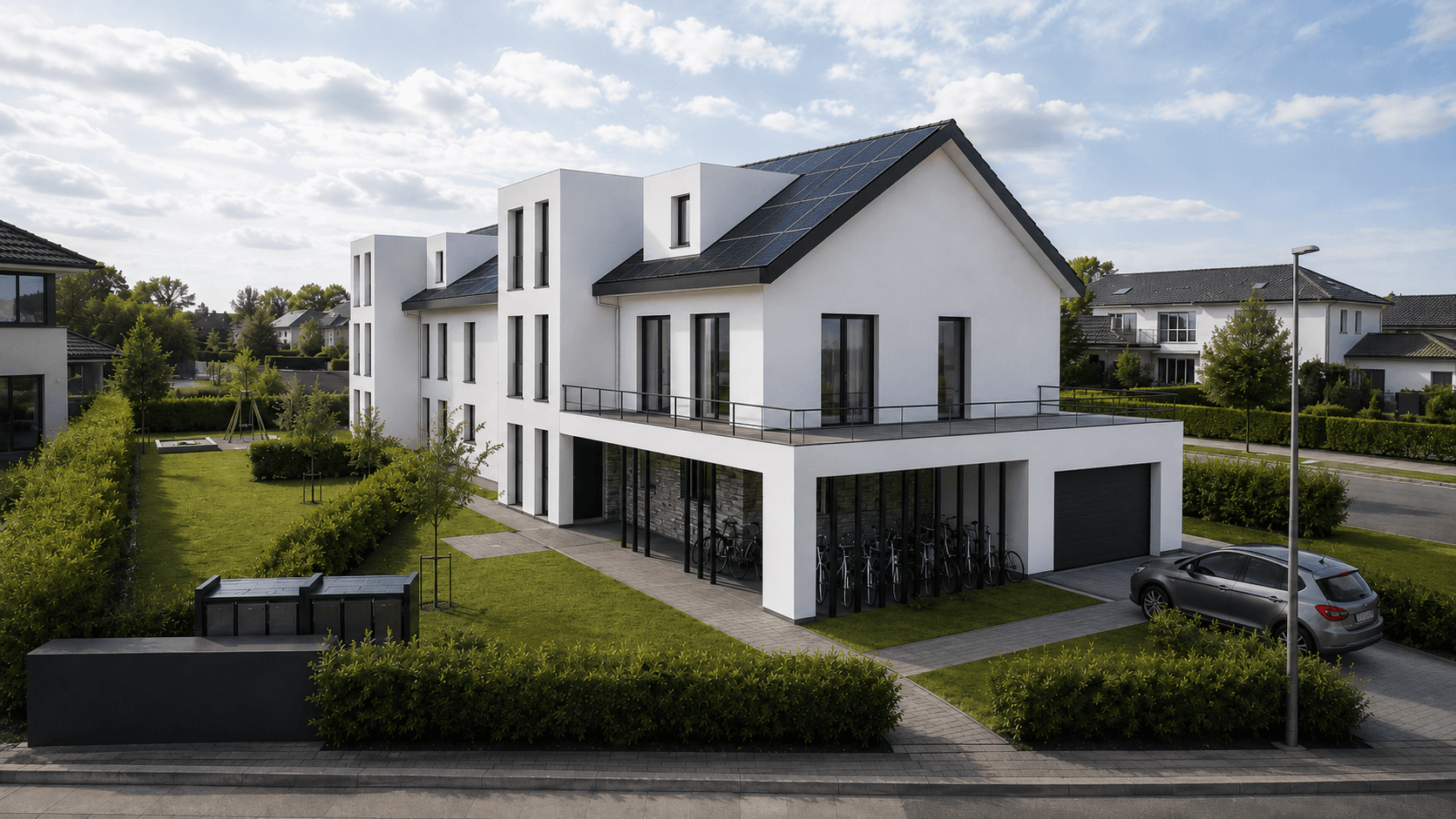 PHILION HOME, An der Brotkuhle 4–6 in Paderborn-Elsen: Giebelseite mit Autolift-Tor, Fahrradhaus und Müllstandort (Visualisierung)