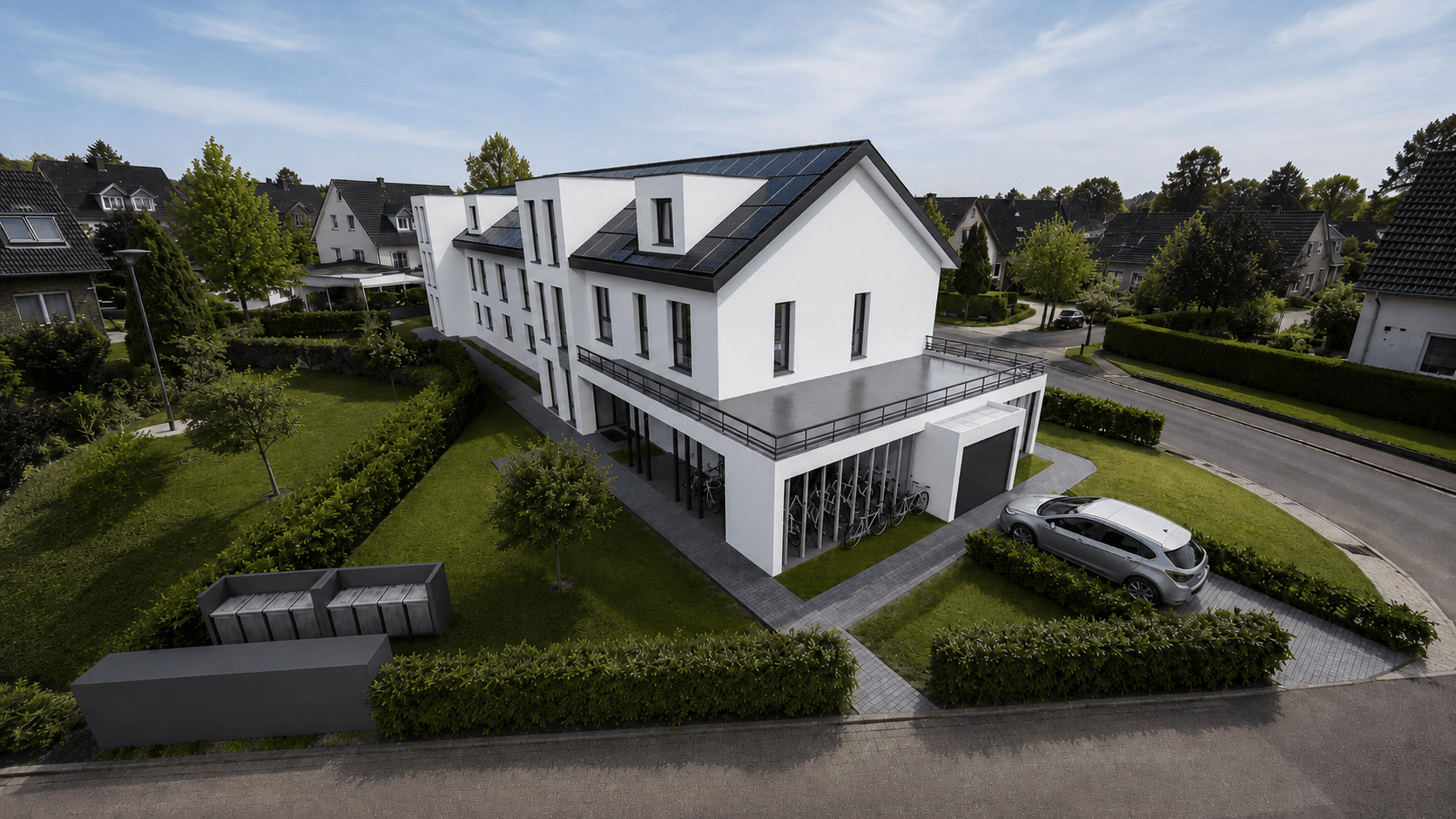 Vogelperspektive auf das Gebäude in der Ecklage