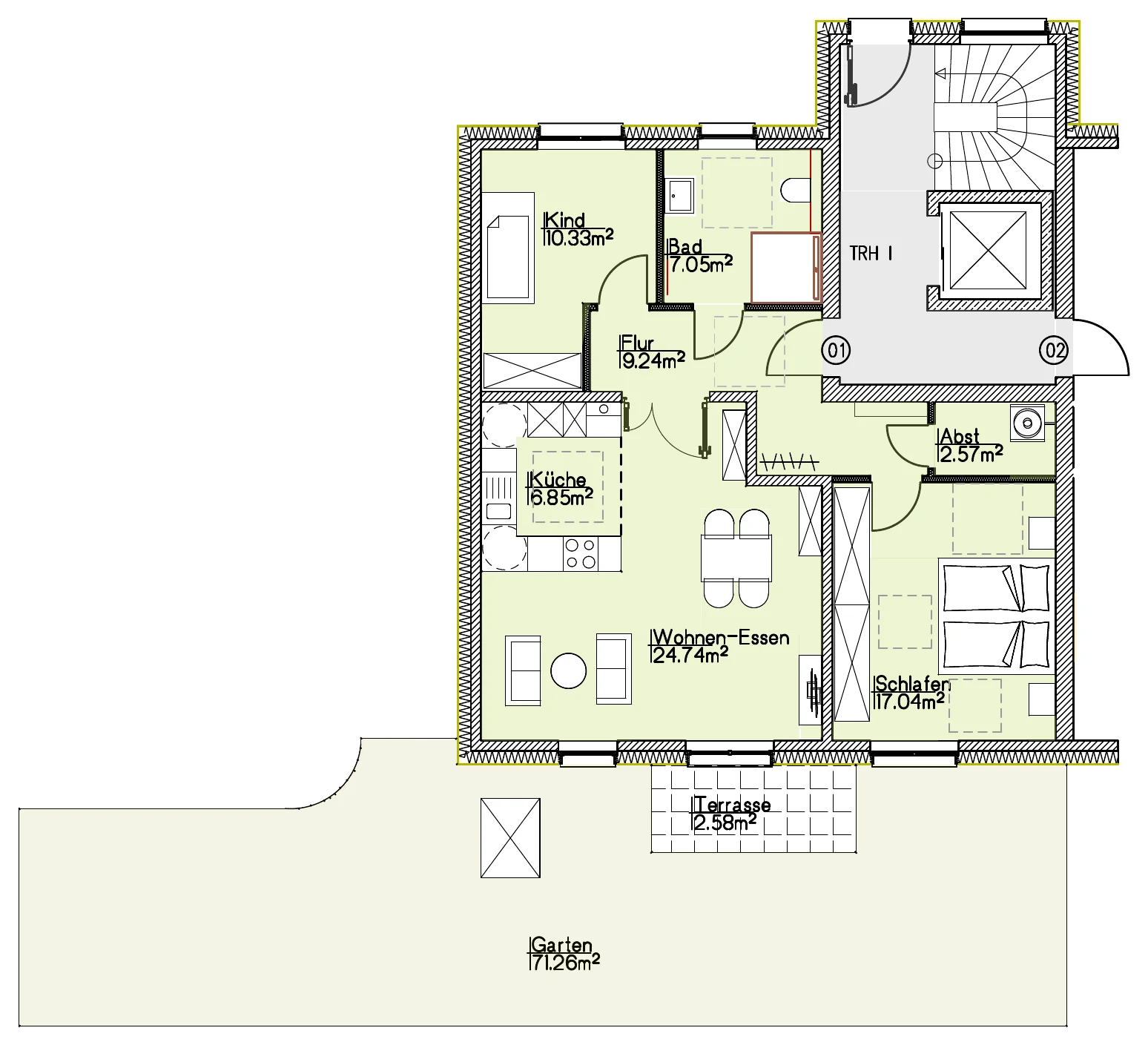 Grundriss Wohnung 01 vom Architekten, mit Raumbezeichnungen und Flächen
