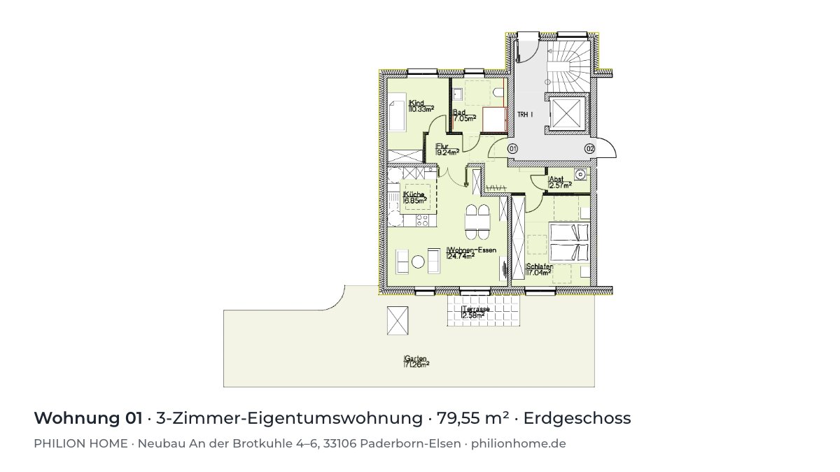 Grundriss Wohnung 01: 3-Zimmer-Eigentumswohnung, 79,55 m², Erdgeschoss, An der Brotkuhle 4–6, Paderborn-Elsen