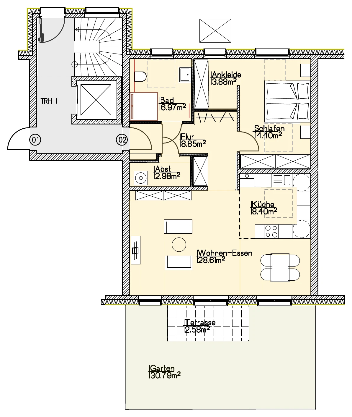 Grundriss Wohnung 02 vom Architekten, mit Raumbezeichnungen und Flächen