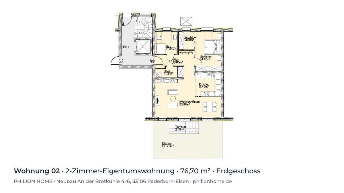 Grundriss Wohnung 02: 2-Zimmer-Eigentumswohnung, 76,70 m², Erdgeschoss, An der Brotkuhle 4–6, Paderborn-Elsen