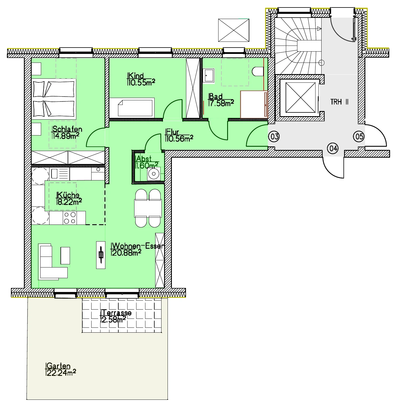 Grundriss Wohnung 03 vom Architekten, mit Raumbezeichnungen und Flächen