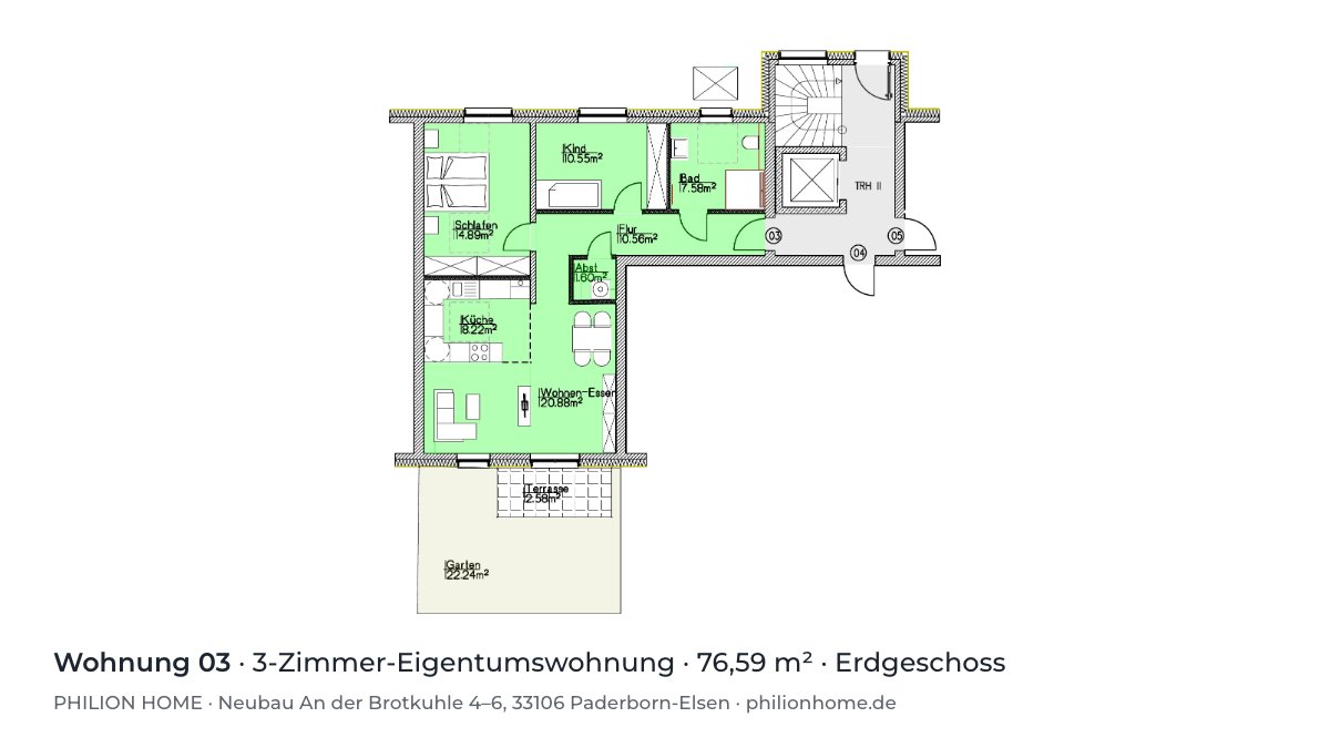 Grundriss Wohnung 03: 3-Zimmer-Eigentumswohnung, 76,59 m², Erdgeschoss, An der Brotkuhle 4–6, Paderborn-Elsen