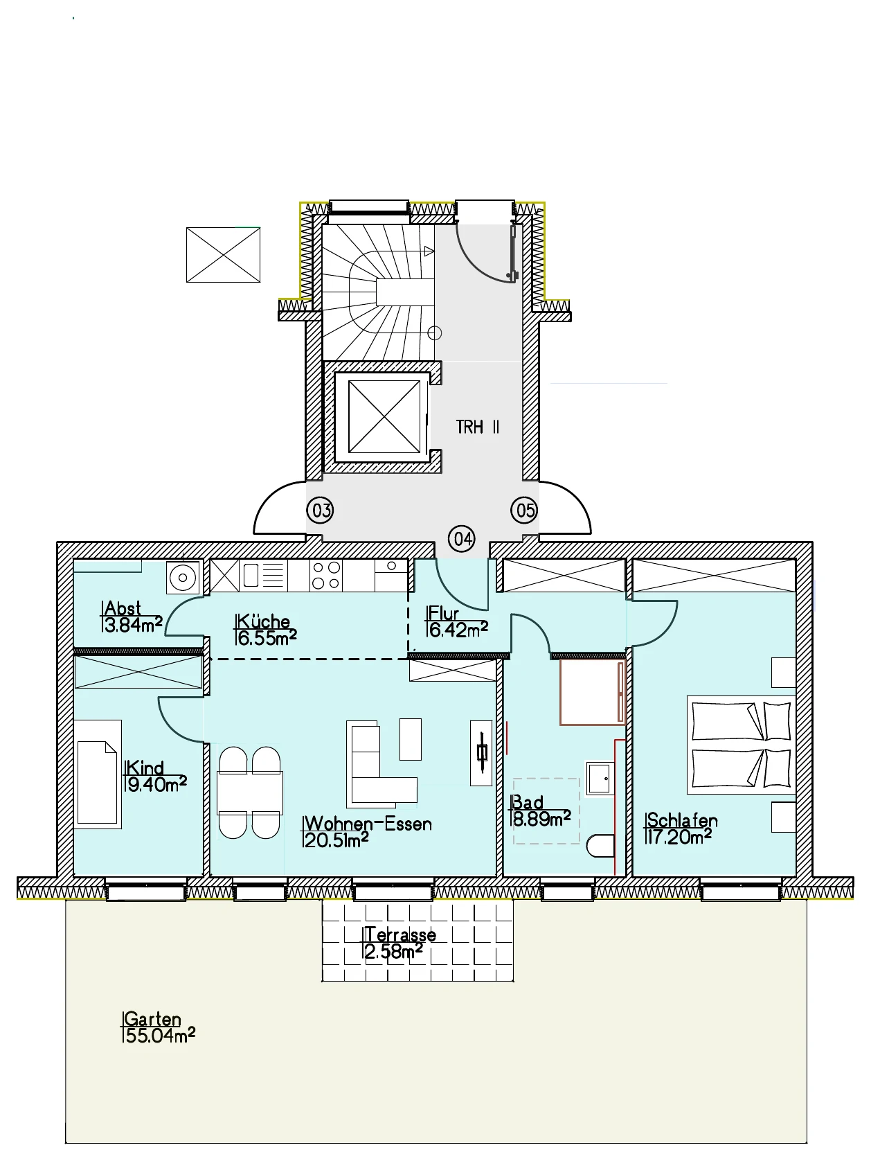 Grundriss Wohnung 04 vom Architekten, mit Raumbezeichnungen und Flächen