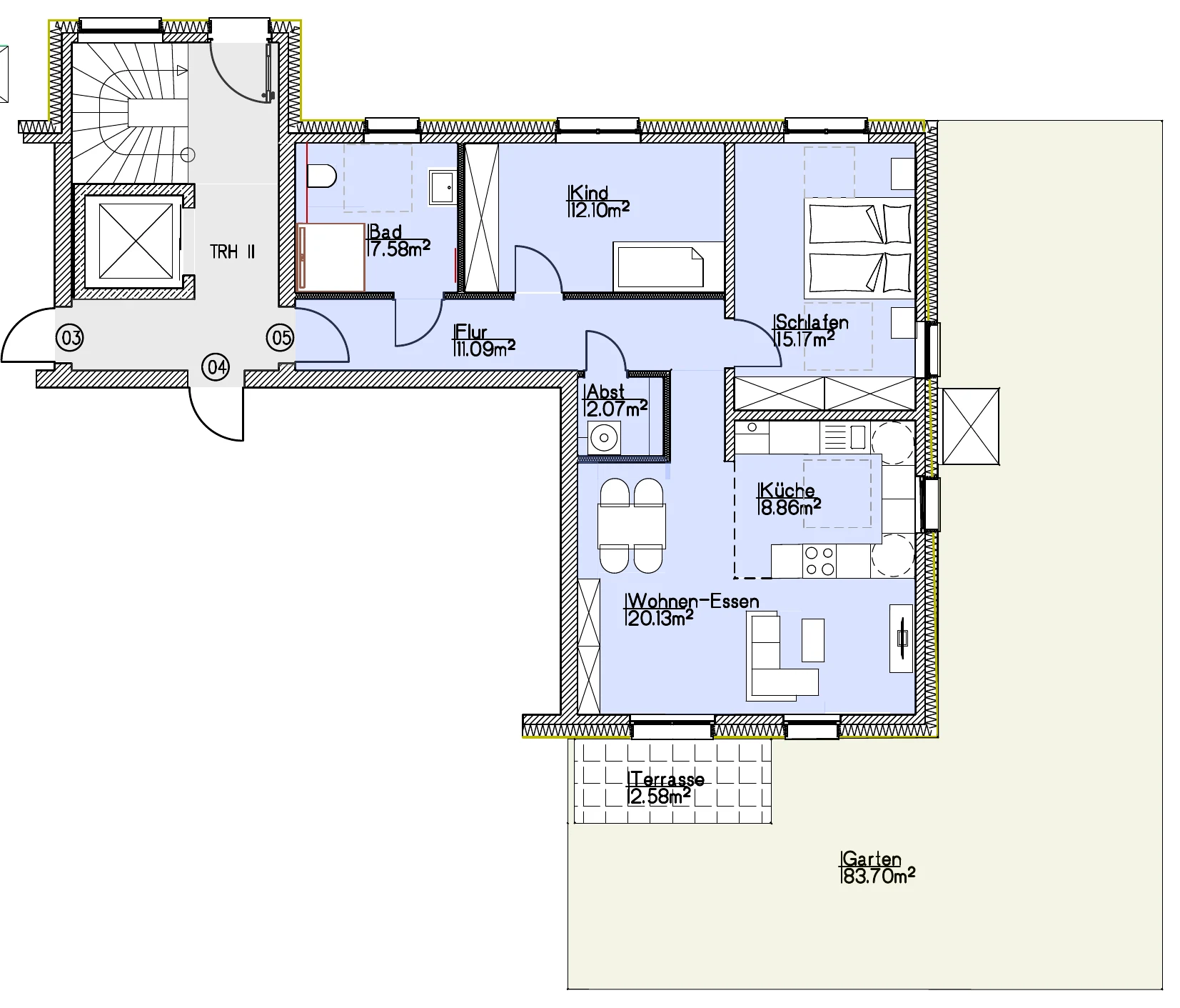 Grundriss Wohnung 05 vom Architekten, mit Raumbezeichnungen und Flächen