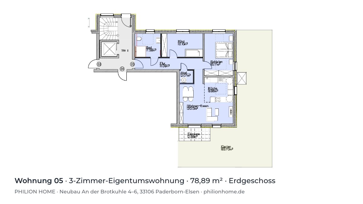 Grundriss Wohnung 05: 3-Zimmer-Eigentumswohnung, 78,89 m², Erdgeschoss, An der Brotkuhle 4–6, Paderborn-Elsen