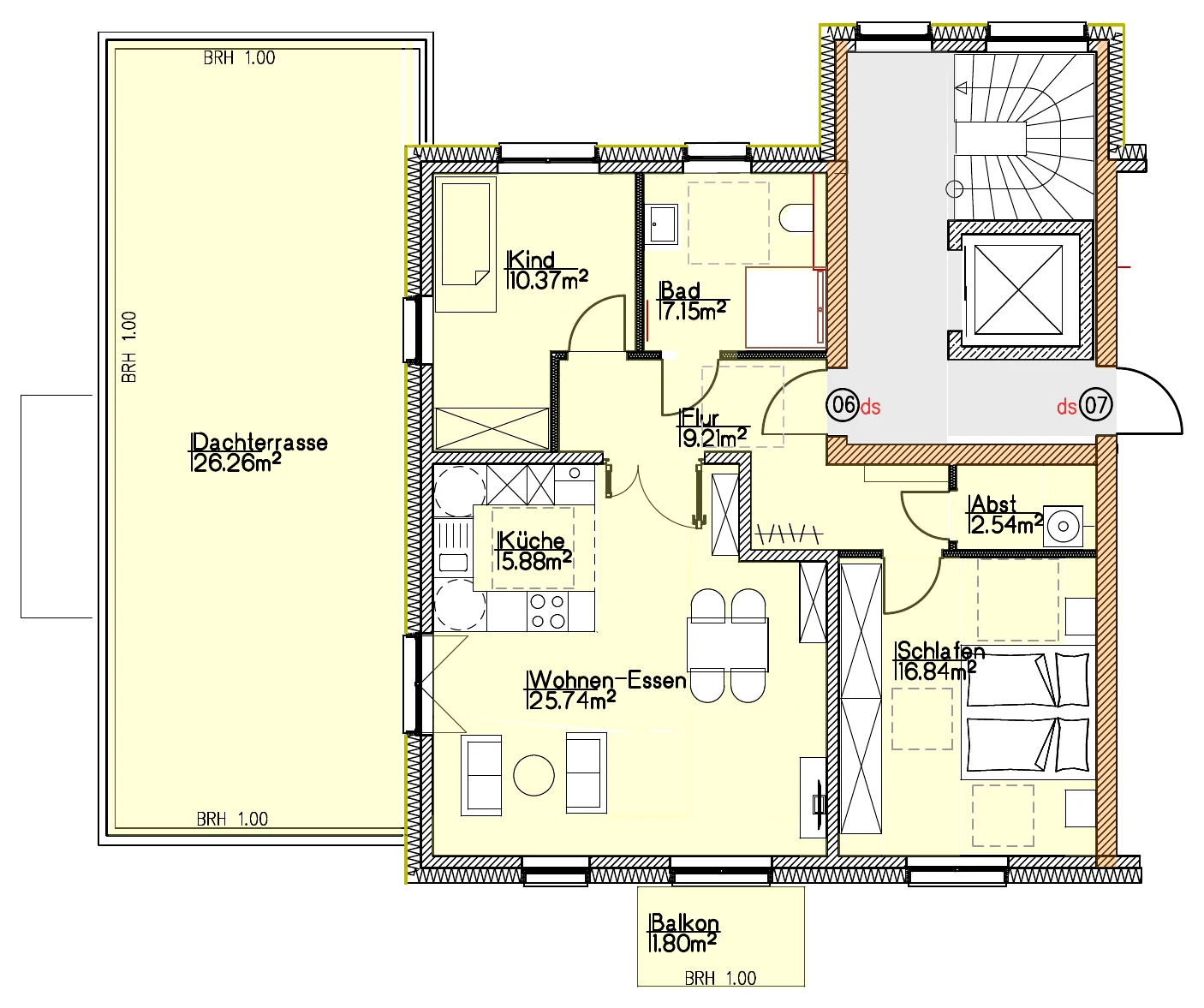 Grundriss Wohnung 06 vom Architekten, mit Raumbezeichnungen und Flächen