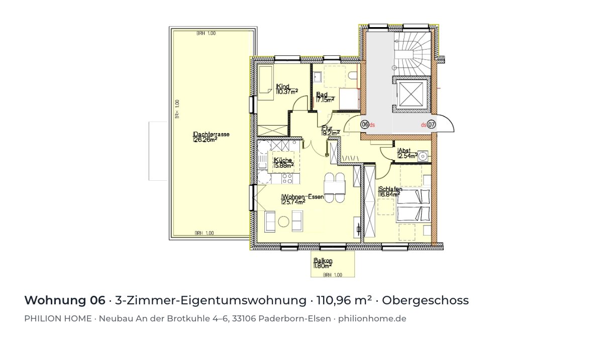 Grundriss Wohnung 06: 3-Zimmer-Eigentumswohnung, 110,96 m², Obergeschoss, An der Brotkuhle 4–6, Paderborn-Elsen