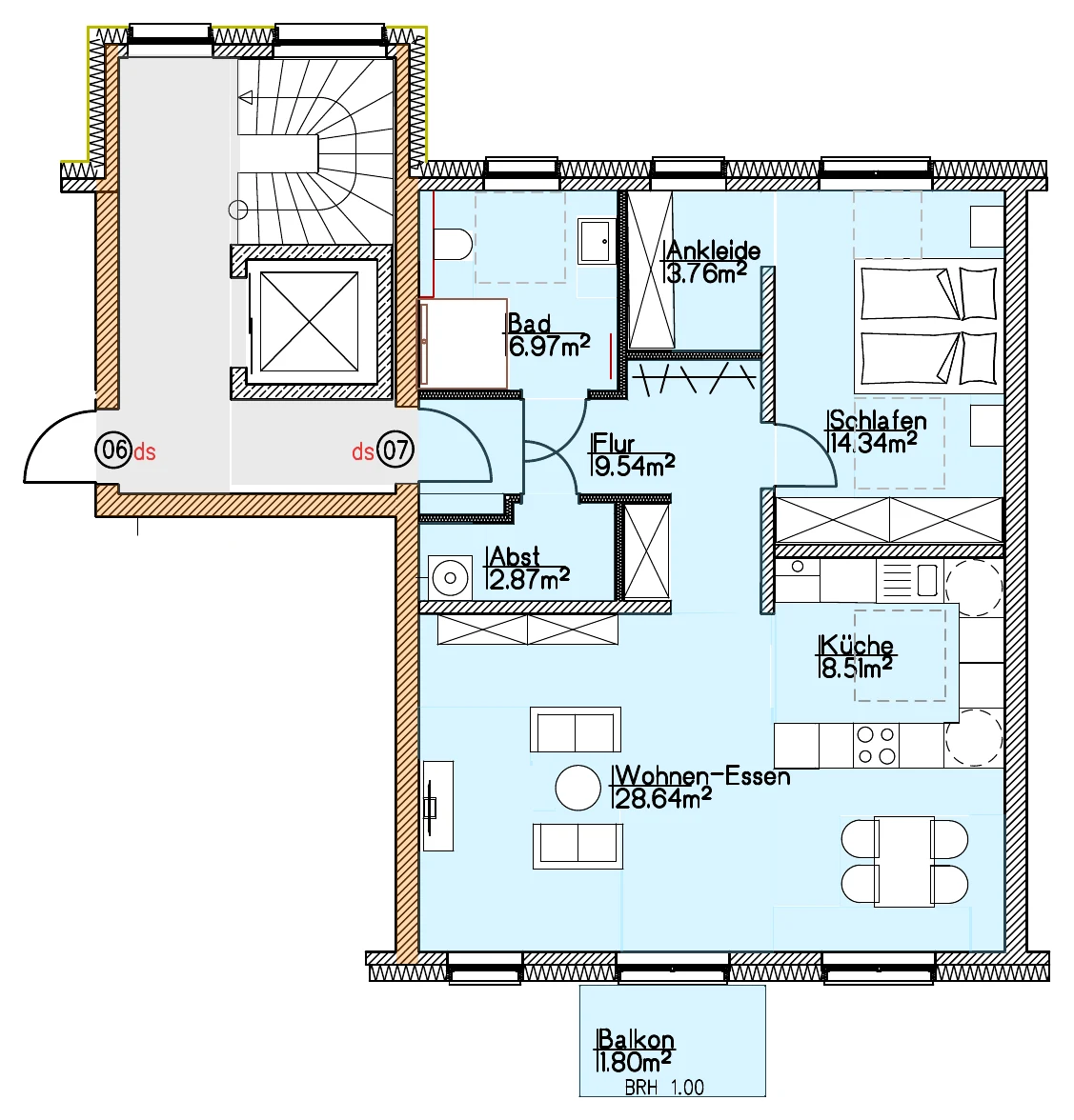 Grundriss Wohnung 07 vom Architekten, mit Raumbezeichnungen und Flächen