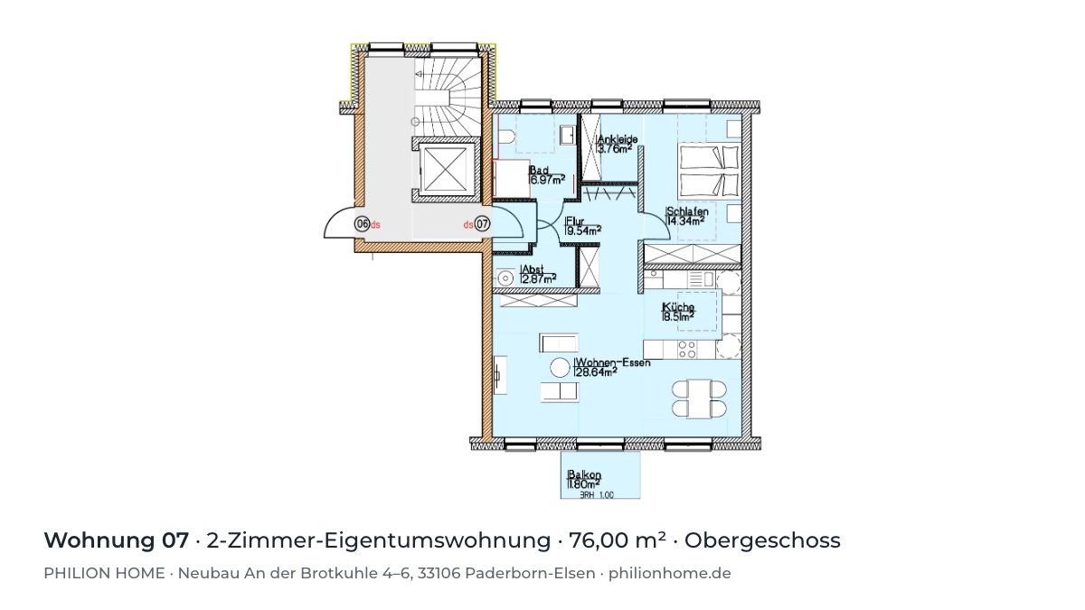 Grundriss Wohnung 07: 2-Zimmer-Eigentumswohnung, 76,00 m², Obergeschoss, An der Brotkuhle 4–6, Paderborn-Elsen