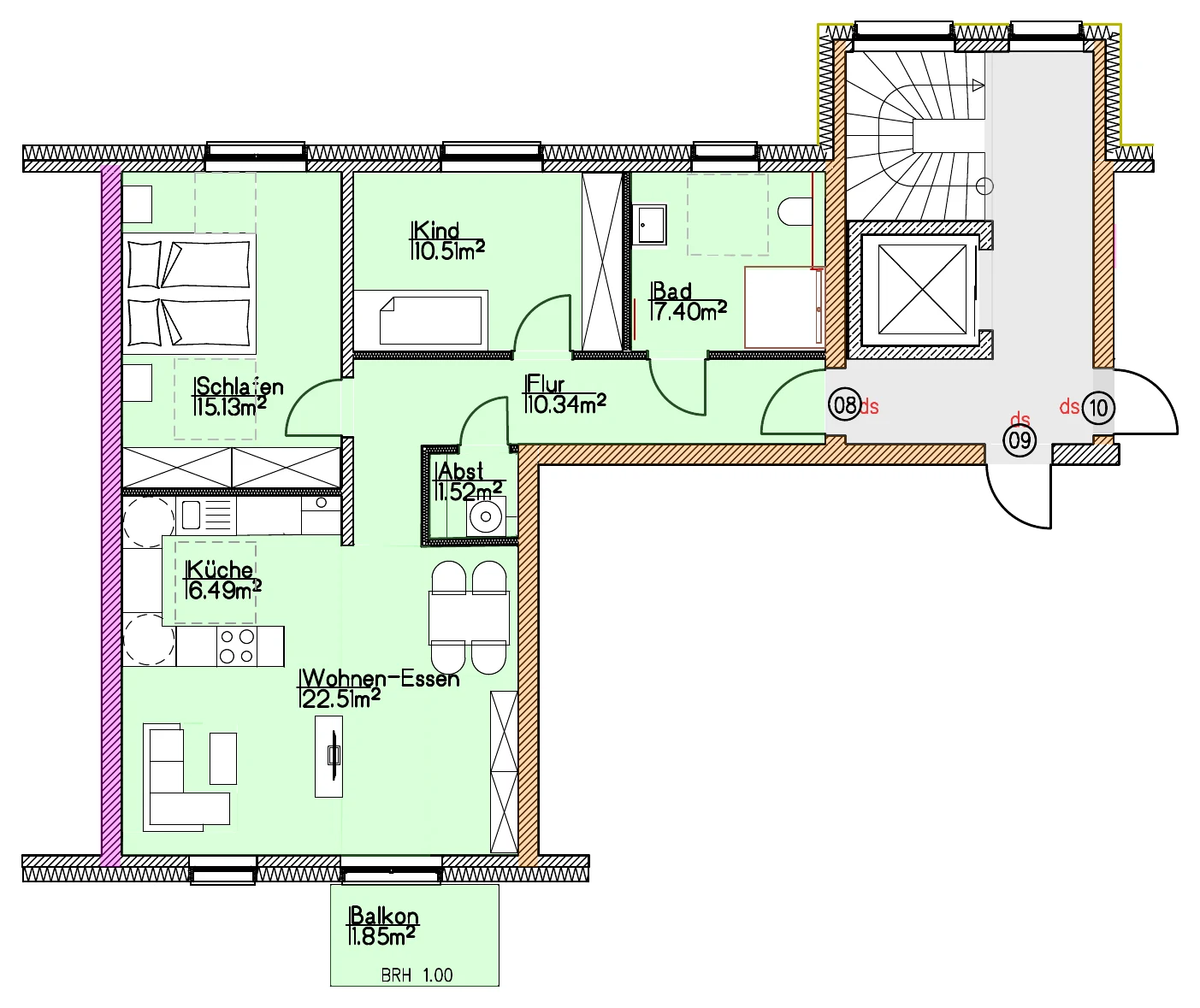 Grundriss Wohnung 08 vom Architekten, mit Raumbezeichnungen und Flächen