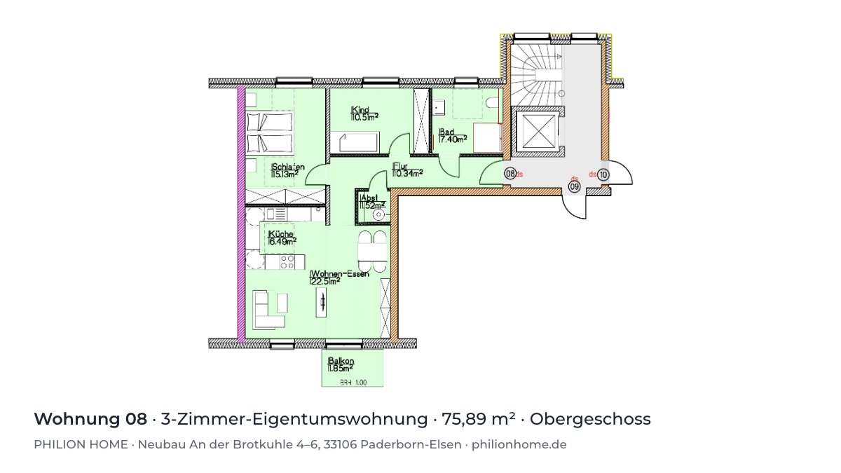 Grundriss Wohnung 08: 3-Zimmer-Eigentumswohnung, 75,89 m², Obergeschoss, An der Brotkuhle 4–6, Paderborn-Elsen