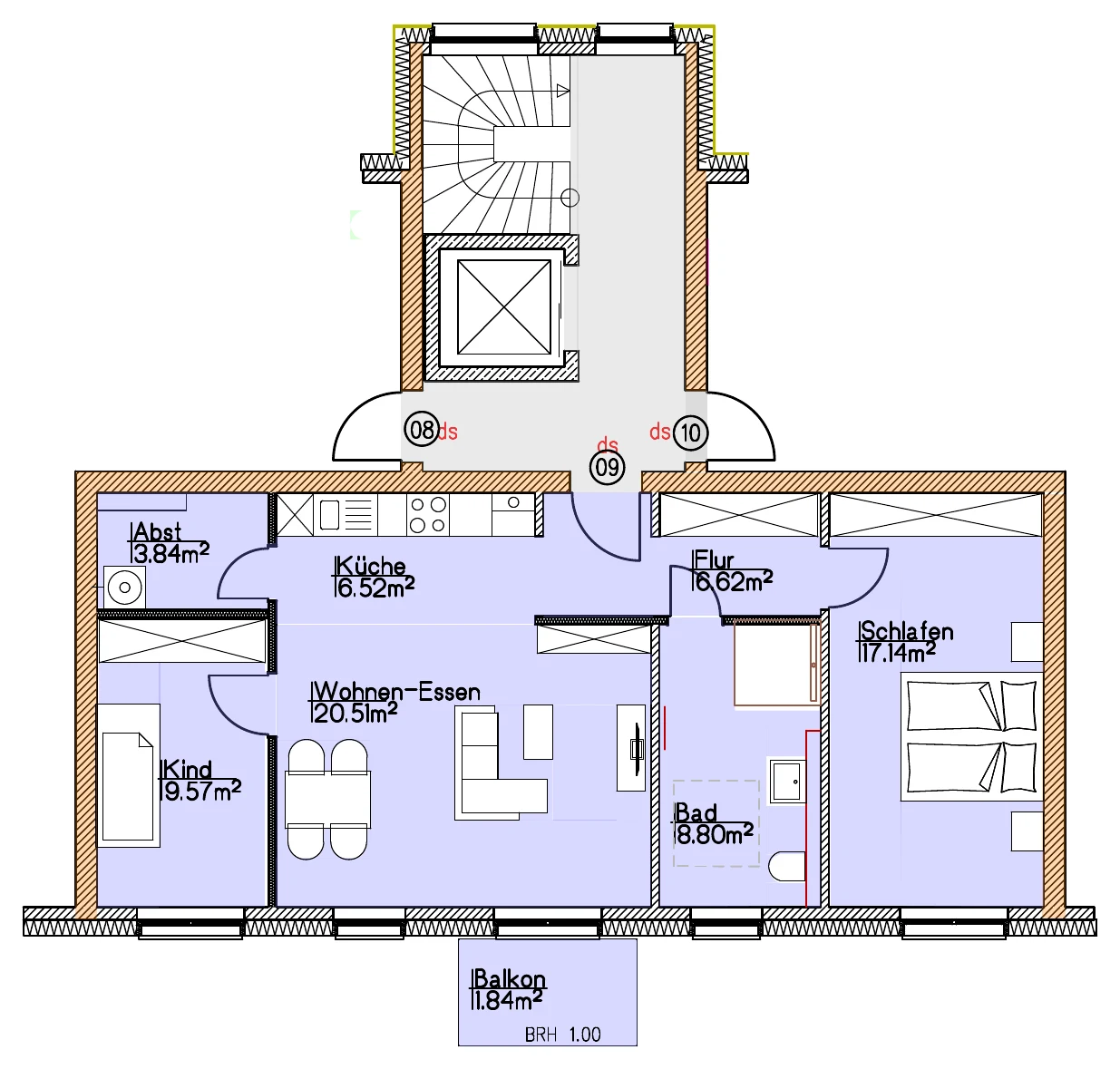 Grundriss Wohnung 09 vom Architekten, mit Raumbezeichnungen und Flächen