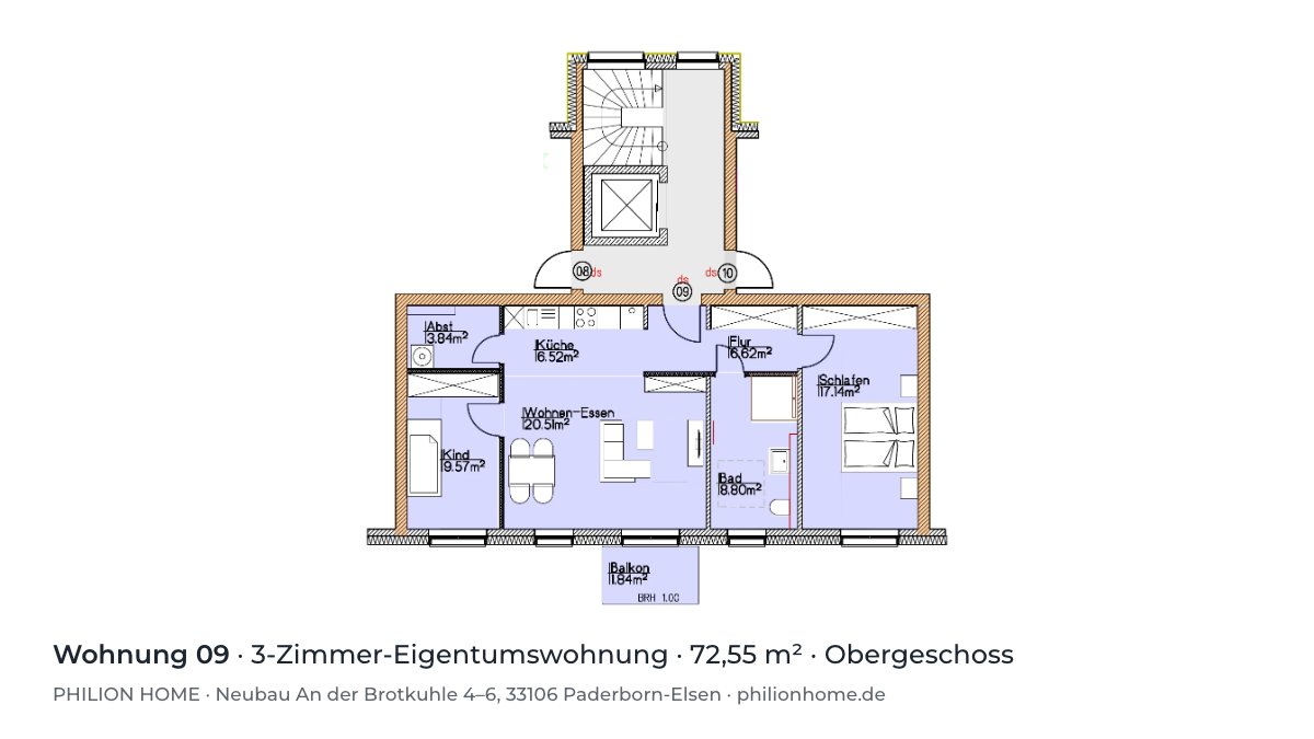 Grundriss Wohnung 09: 3-Zimmer-Eigentumswohnung, 72,55 m², Obergeschoss, An der Brotkuhle 4–6, Paderborn-Elsen
