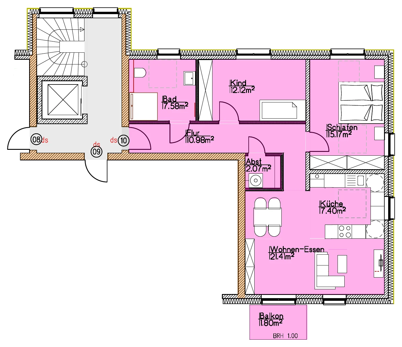 Grundriss Wohnung 10 vom Architekten, mit Raumbezeichnungen und Flächen