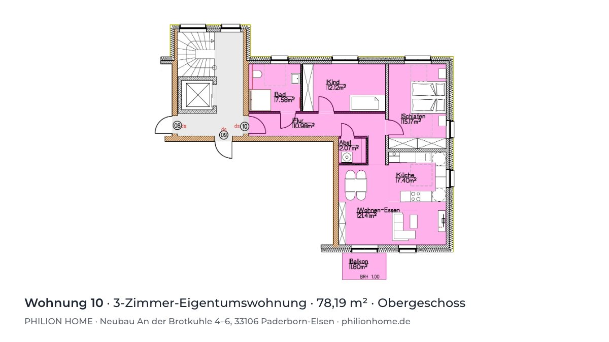 Grundriss Wohnung 10: 3-Zimmer-Eigentumswohnung, 78,19 m², Obergeschoss, An der Brotkuhle 4–6, Paderborn-Elsen