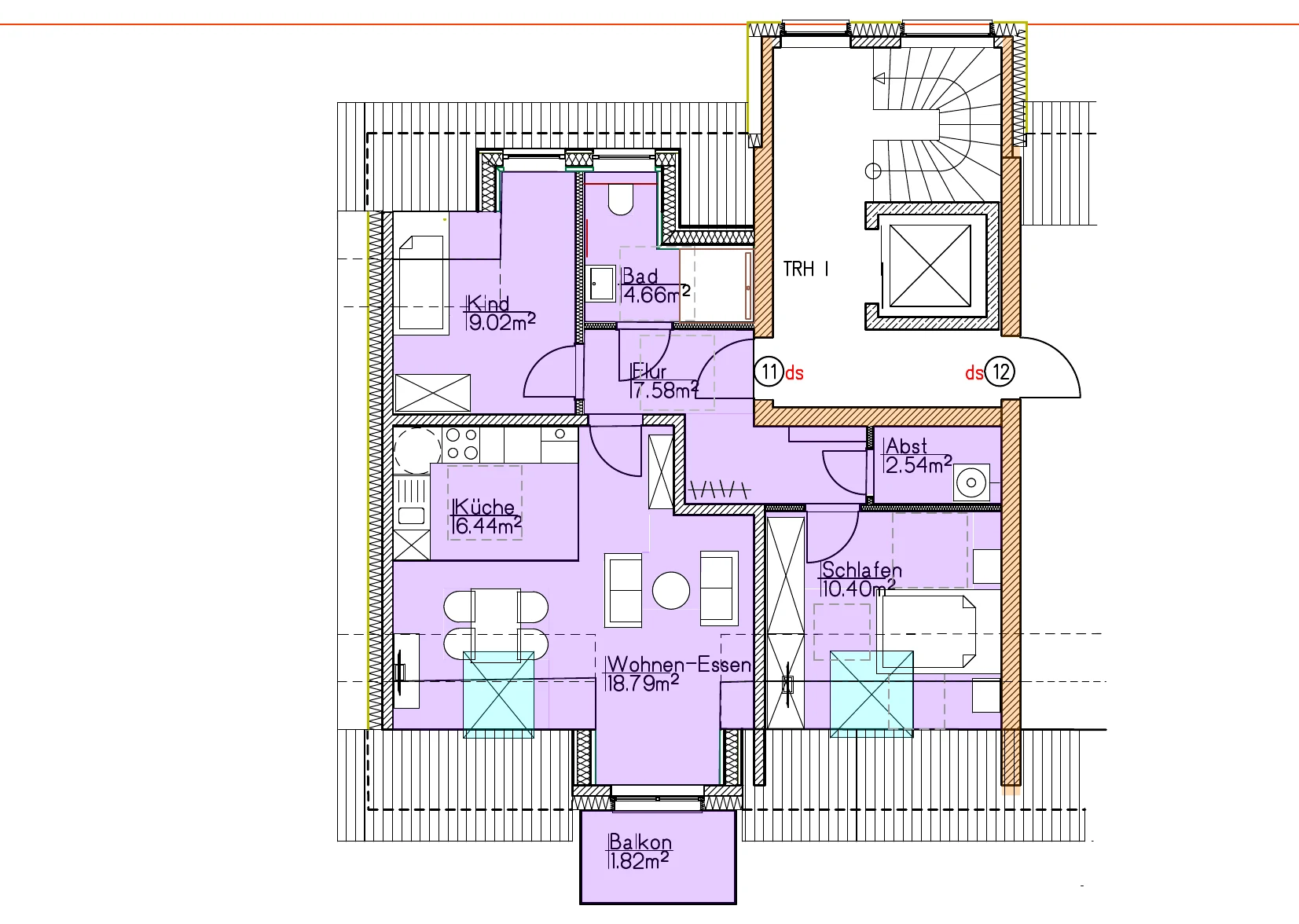 Grundriss Wohnung 11 vom Architekten, mit Raumbezeichnungen und Flächen