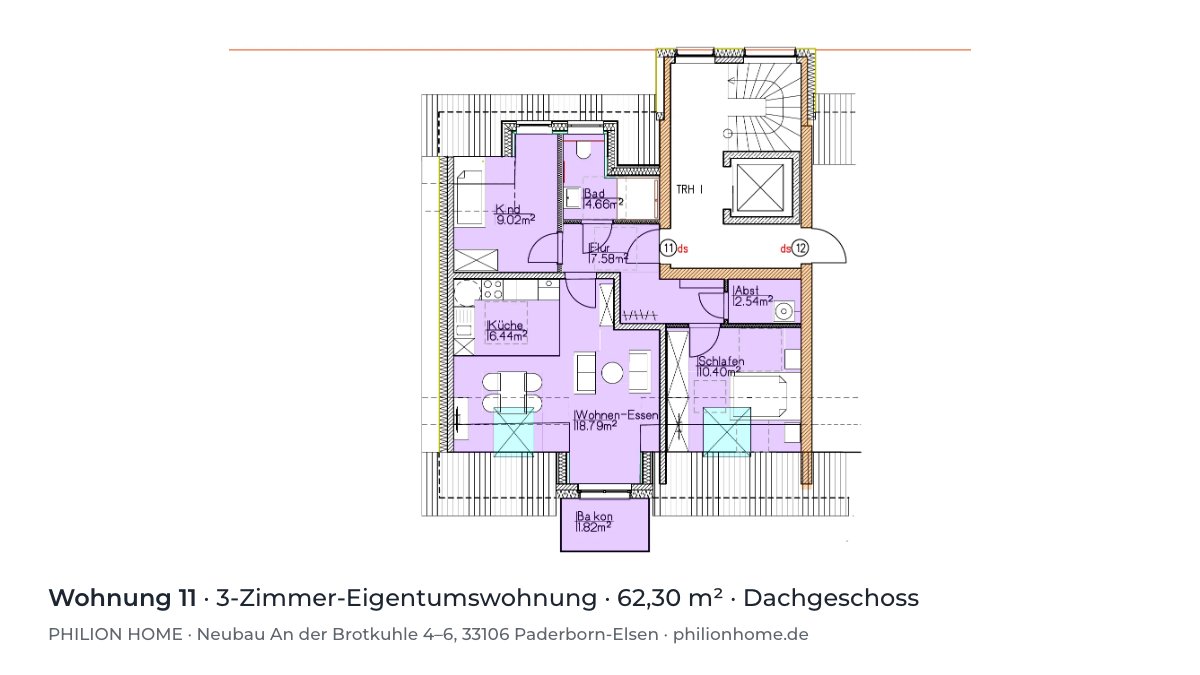 Grundriss Wohnung 11: 3-Zimmer-Eigentumswohnung, 62,30 m², Dachgeschoss, An der Brotkuhle 4–6, Paderborn-Elsen