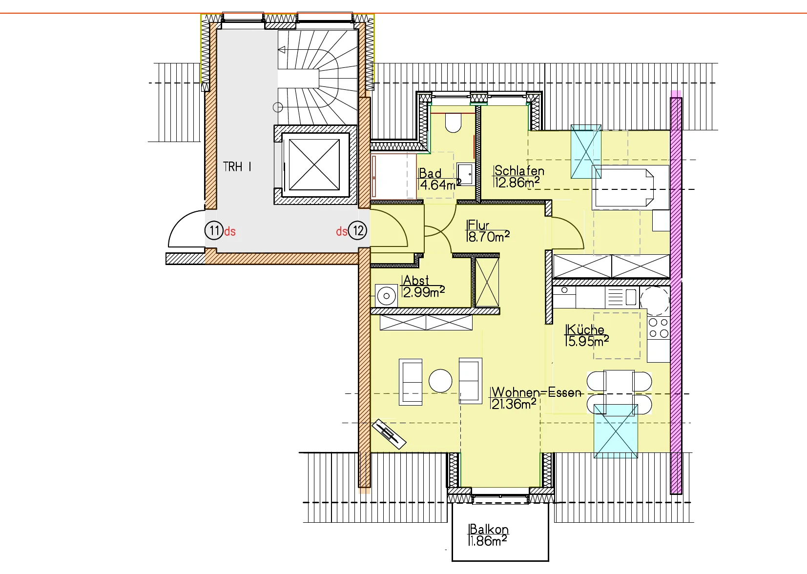 Grundriss Wohnung 12 vom Architekten, mit Raumbezeichnungen und Flächen