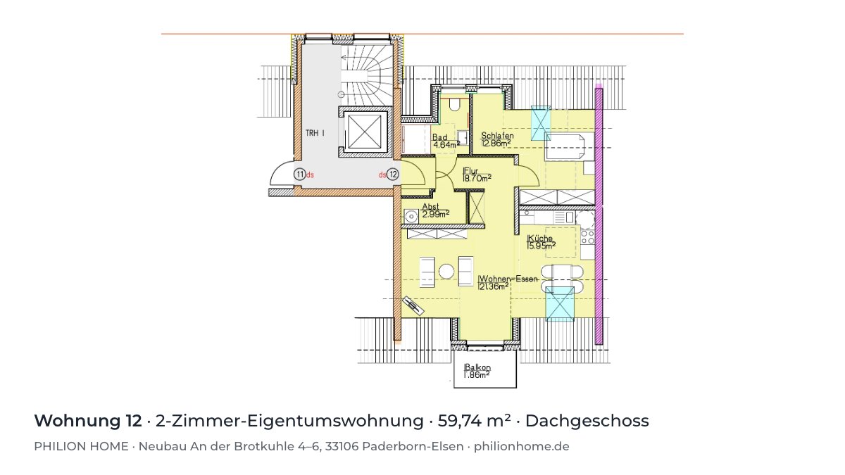Grundriss Wohnung 12: 2-Zimmer-Eigentumswohnung, 59,74 m², Dachgeschoss, An der Brotkuhle 4–6, Paderborn-Elsen