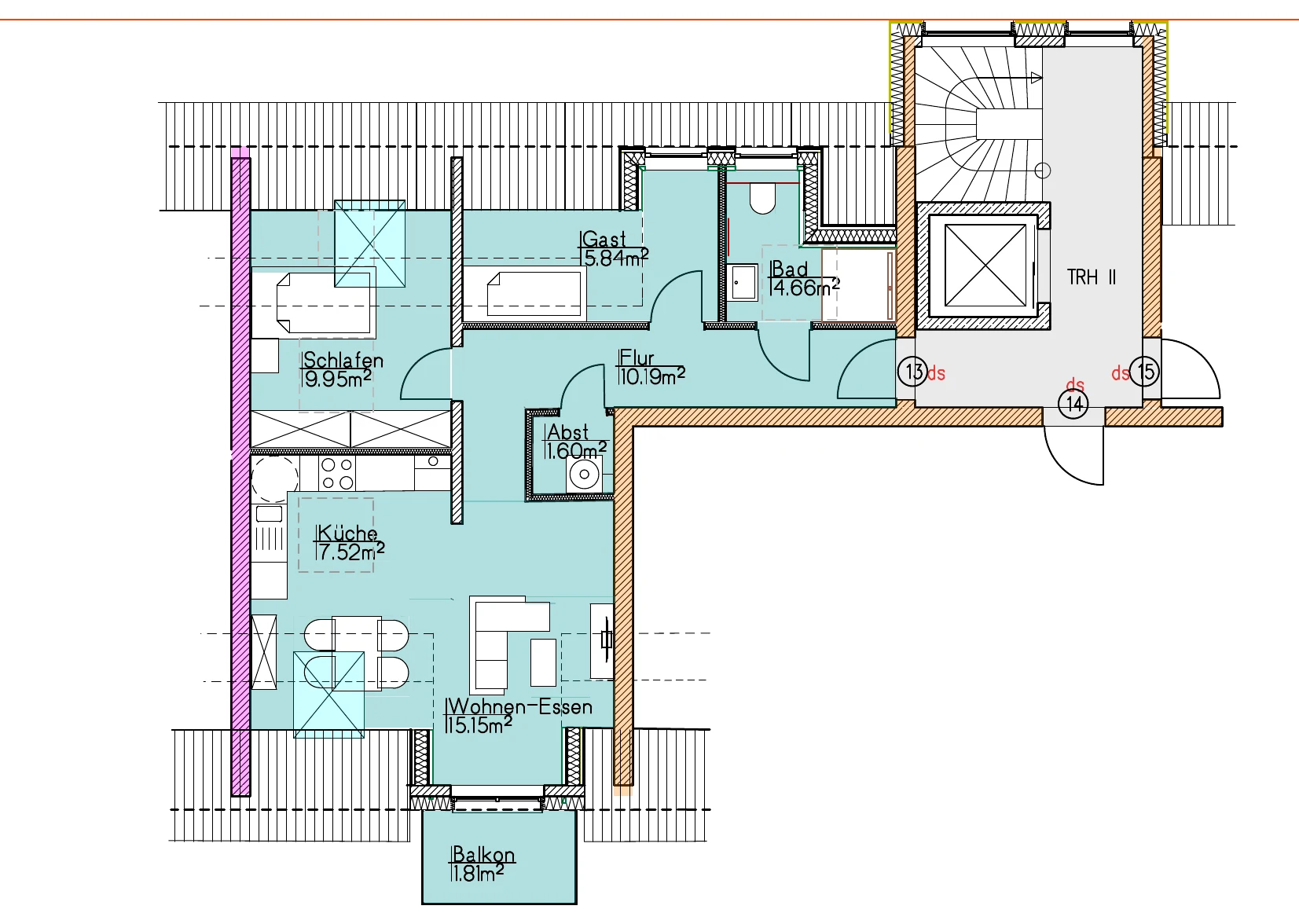 Grundriss Wohnung 13 vom Architekten, mit Raumbezeichnungen und Flächen
