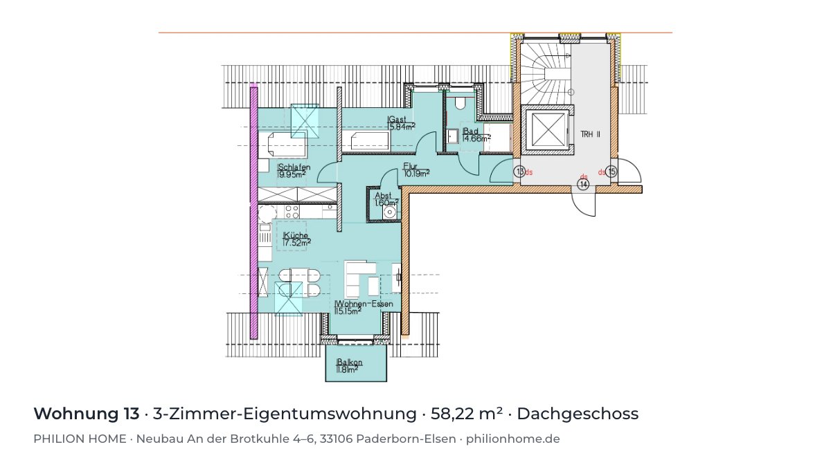 Grundriss Wohnung 13: 3-Zimmer-Eigentumswohnung, 58,22 m², Dachgeschoss, An der Brotkuhle 4–6, Paderborn-Elsen