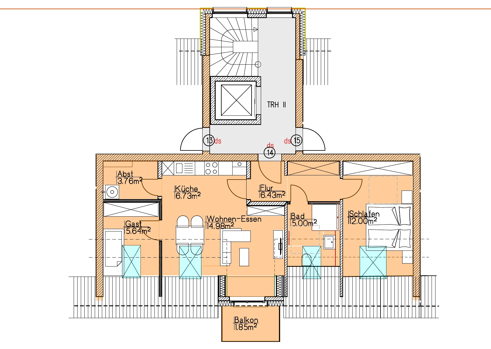 Grundriss Wohnung 14 vom Architekten, mit Raumbezeichnungen und Flächen