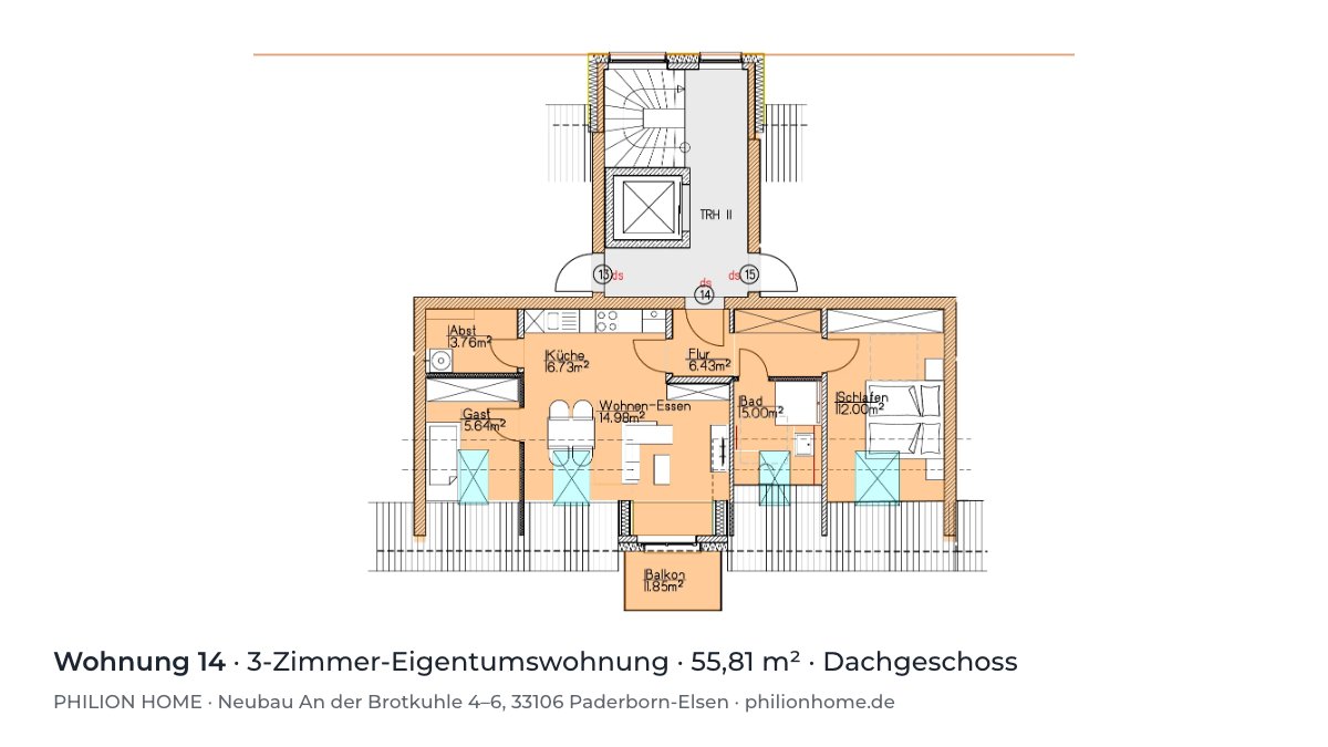 Grundriss Wohnung 14: 3-Zimmer-Eigentumswohnung, 55,81 m², Dachgeschoss, An der Brotkuhle 4–6, Paderborn-Elsen