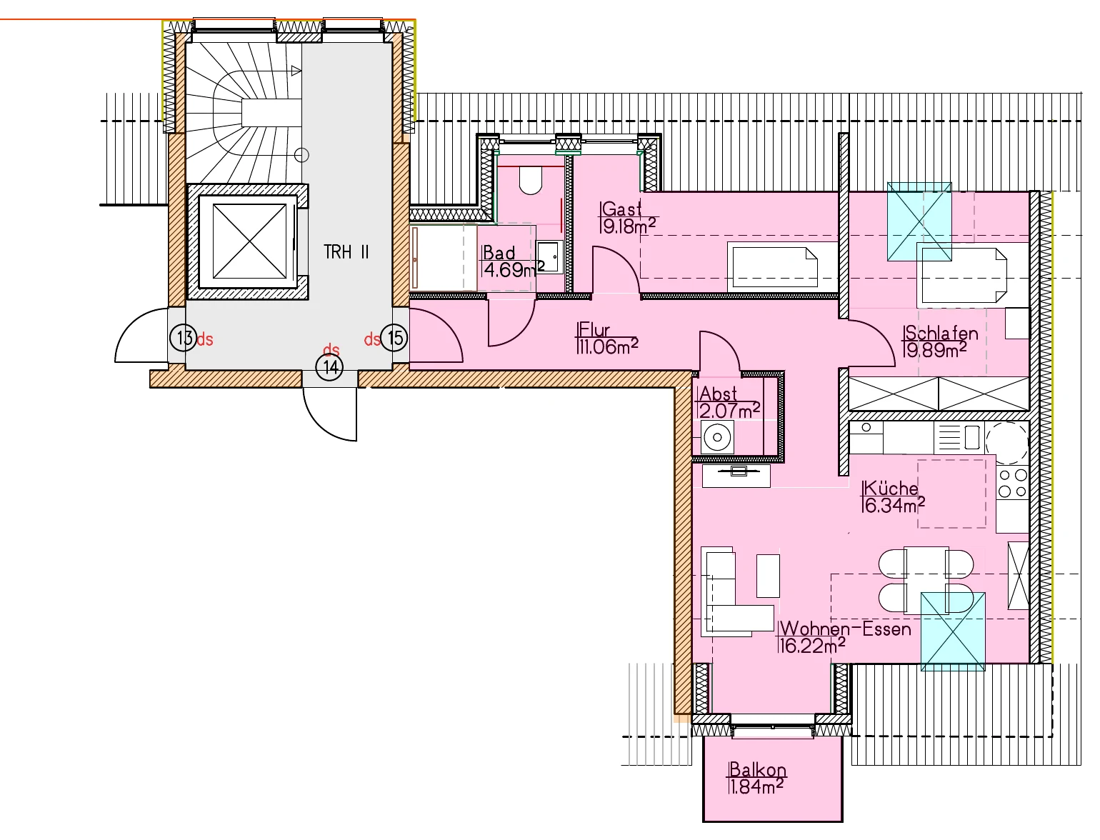 Grundriss Wohnung 15 vom Architekten, mit Raumbezeichnungen und Flächen