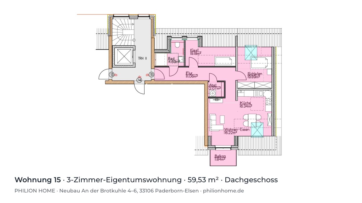 Grundriss Wohnung 15: 3-Zimmer-Eigentumswohnung, 59,53 m², Dachgeschoss, An der Brotkuhle 4–6, Paderborn-Elsen